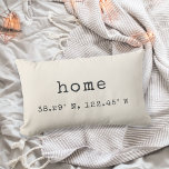 "Home" Custom Coordinates Throw Pillow | Ivory Lendenkissen<br><div class="desc">Show your love for your hometown or current city with our custom coordinates lumbar throw pillow. Shown with "home" and the coordinates beneath, our neutral ivory cream pillow features your city name and latitude and longitude in charcoal vintage typewriter lettering. Enter your city name and coordinates using the fields provided,...</div>