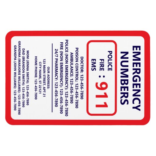 Home Emergency Numbers Useful Contact List Magnet (Horizontal)