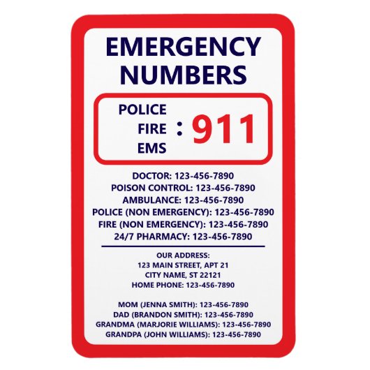 Home Emergency Numbers Useful Contact List Magnet (Vertikal)