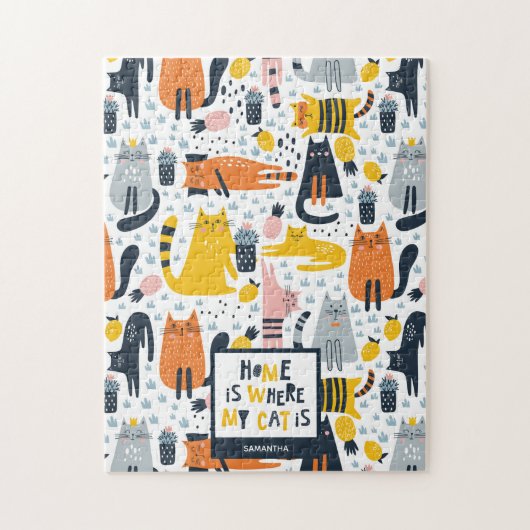 Home is Where My Cat is Pattern Monogrammed Name Puzzle (Vertikal)