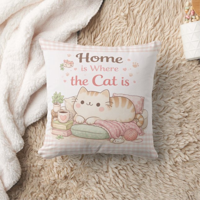 Home is Where The Cat Is Cute Kitty Pink Gingham Kissen (Decke)