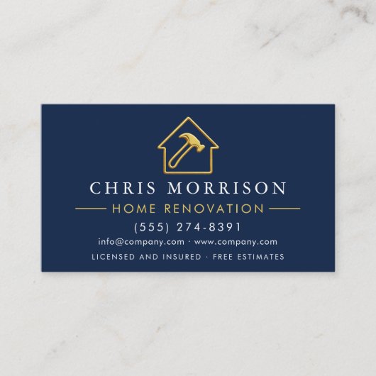 Home Renovation Metallic Navy Blue Gold QR Code Visitenkarte (Vorderseite)