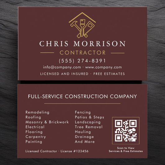 Home Repairs Contractor Burgundy Gold QR Code Visitenkarte