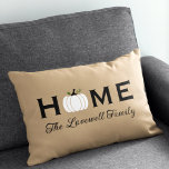 Home White Pumpkin Personalized Last Name Fall Lendenkissen<br><div class="desc">Welcome guests to your home this fall with an inviting personalized lumbar rectangle throw pillow. The simple and stylish typography design features "Home" wording with elegant custom script text for your family name and a white harvest pumpkin accent. Includes a neutral tan,  black,  white,  and green color scheme.</div>