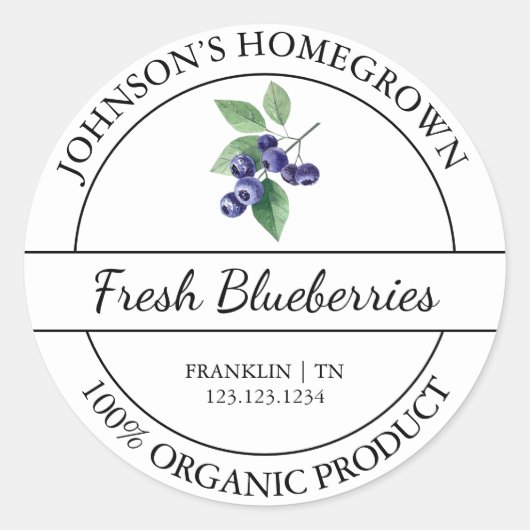 Homegrown Garden Frische Bio Blaubeere Label Runder Aufkleber (Vorderseite)