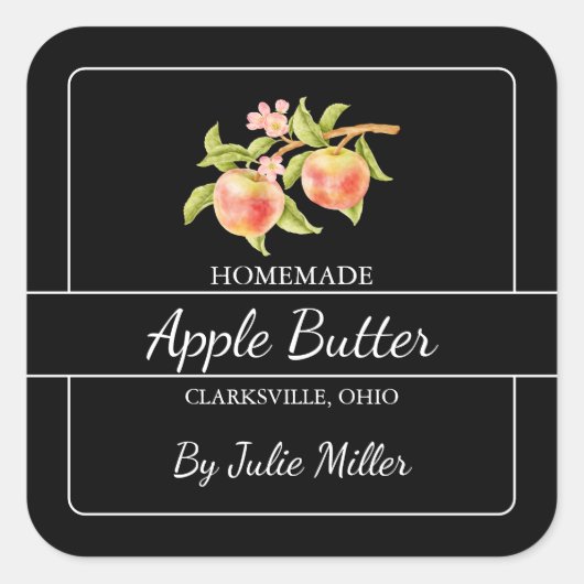 Homemade Applet Butter Square Etikett Schwarz Quadratischer Aufkleber (Vorderseite)