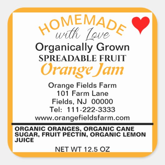 Homemade Bio Orange Jam Canning Quadratischer Aufkleber (Vorderseite)