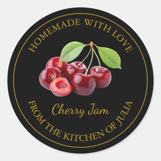 Homemade Cherry Jam Label | Schwarz Runder Aufkleber (Vorderseite)