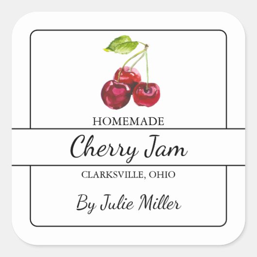 Homemade Cherry Jam Square Label Quadratischer Aufkleber (Vorderseite)