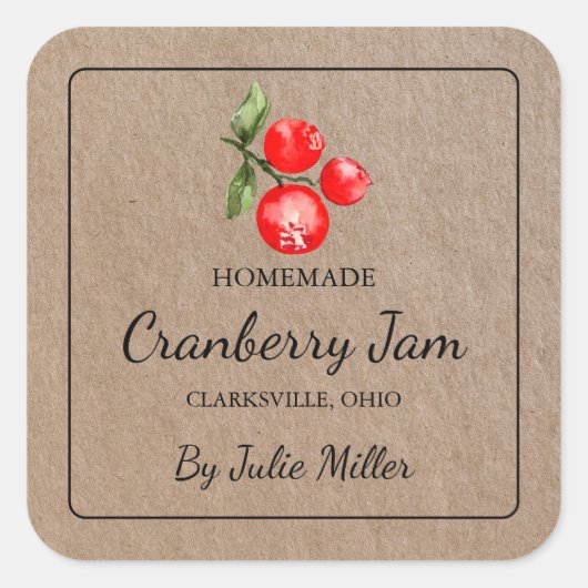 Homemade Cranberry Jam Square Kraft Papier Label Quadratischer Aufkleber (Vorderseite)