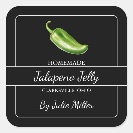 Homemade Jalapeno Jelly Square Label Black Quadratischer Aufkleber (Vorderseite)