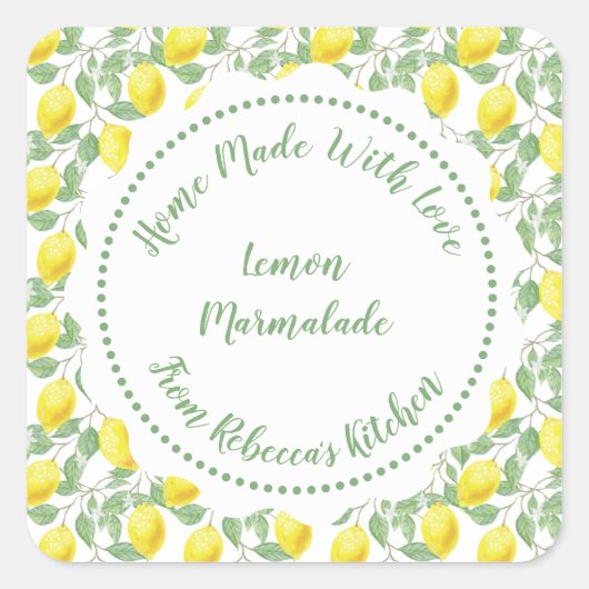Homemade Jam Canning Label |Lemon Pattern Quadratischer Aufkleber (Vorderseite)