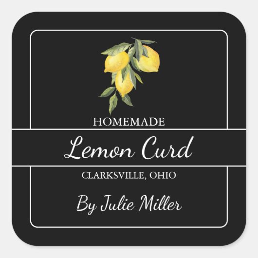 Homemade Lemon Curd Square Label Black Quadratischer Aufkleber (Vorderseite)