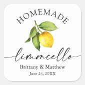 Homemade Limoncello Calligrafy Watercolor Lemon Quadratischer Aufkleber (Vorderseite)