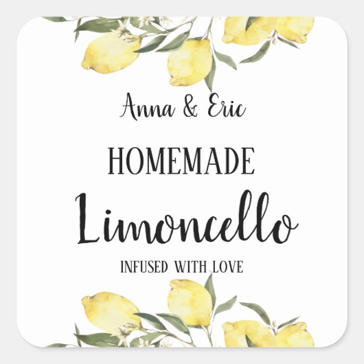 Homemade Limoncello Elegant Modern Wedding Quadratischer Aufkleber (Vorderseite)