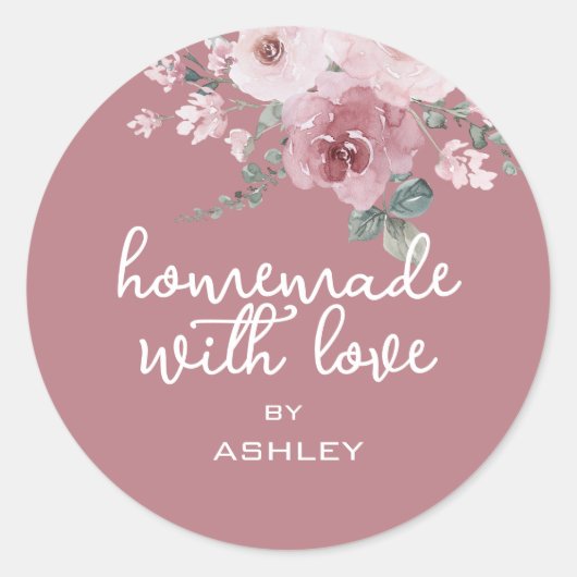 Homemade mit Liebe Floral Rose Burgundy Geschenkkl Runder Aufkleber (Vorderseite)