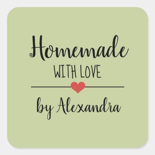 Homemade mit Liebe-Grün-Skriptnamen Quadratischer Aufkleber (Vorderseite)