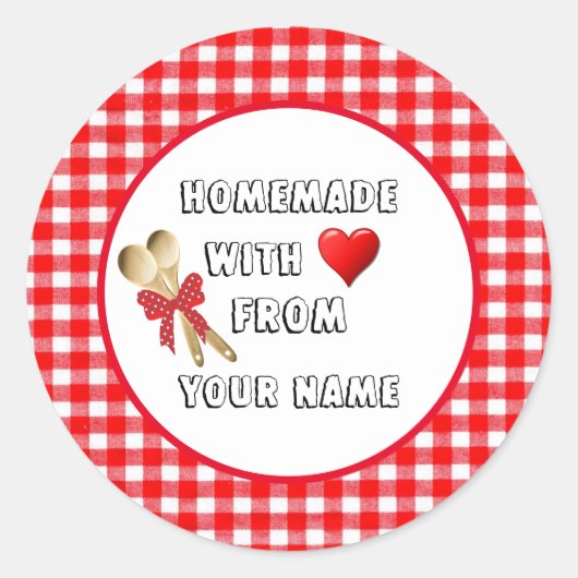 Homemade mit Liebe Red Gingham Round Sticker (Vorderseite)