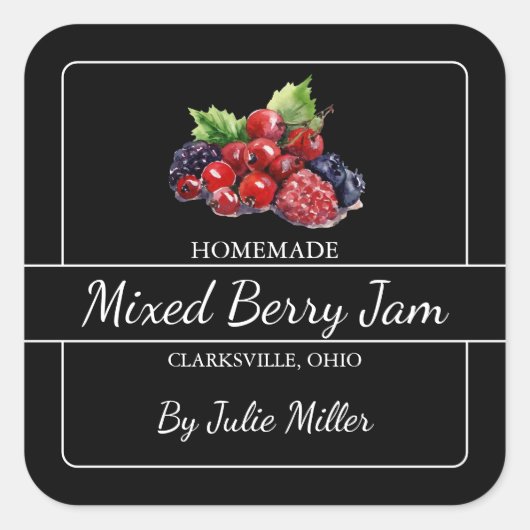 Homemade Mixed Berry Jam Square Black Quadratischer Aufkleber (Vorderseite)