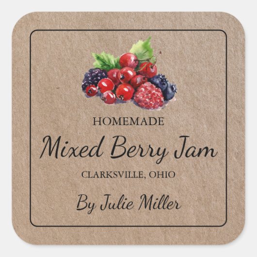 Homemade Mixed Berry Jam Square Kraft Paper Label Quadratischer Aufkleber (Vorderseite)