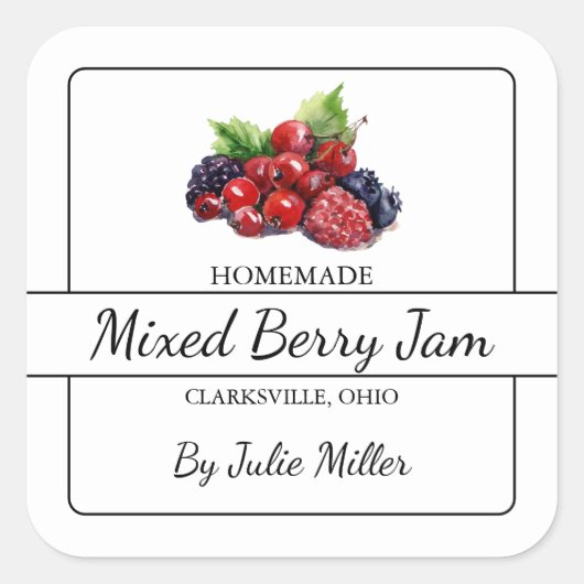 Homemade Mixed Berry Jam Square Label Quadratischer Aufkleber (Vorderseite)