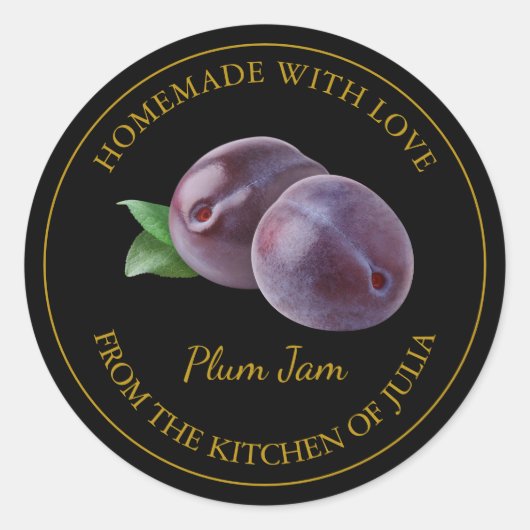 Homemade Plum Jam Label | Schwarz Runder Aufkleber (Vorderseite)