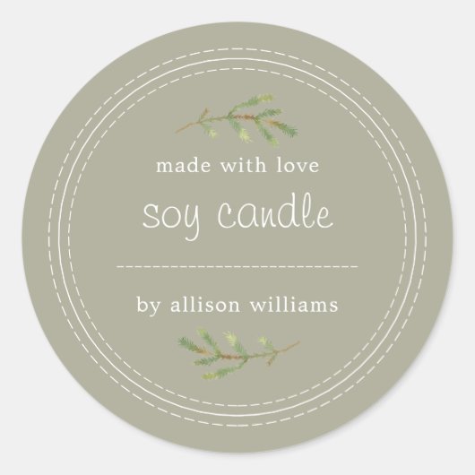 Homemade Soy Candle Pine Sprig schreiben auf Grau Runder Aufkleber (Vorderseite)