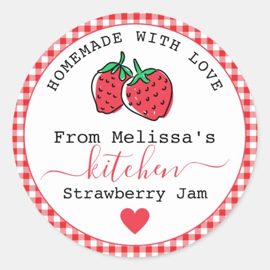 Homemade Strawberry Jam Farmhouse Red Gingham Runder Aufkleber (Vorderseite)