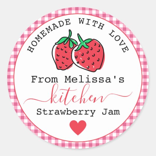 Homemade Strawberry Jam Rustic Pink Gingham Runder Aufkleber (Vorderseite)