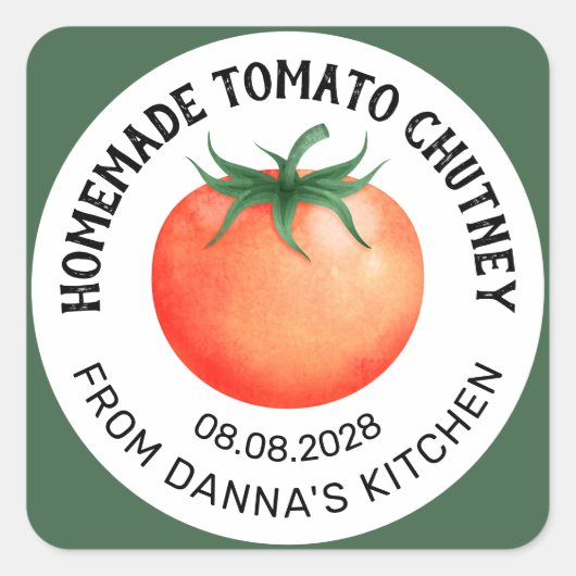 Homemade Tomato Chutney-Etikett mit roter Tomate Quadratischer Aufkleber (Vorderseite)