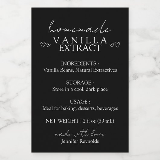 Homemade Vanilla Extract Instruktion schwarz Lebensmitteletikett (Einzelnes Label)