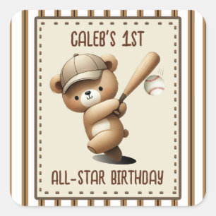 Homerun Hitter Stripe Baseball Bär 1. Geburtstag  Quadratischer Aufkleber