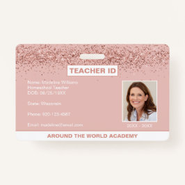 Homeschool Lehrer ID Rose Gold Glitzer Abzeichen Ausweis