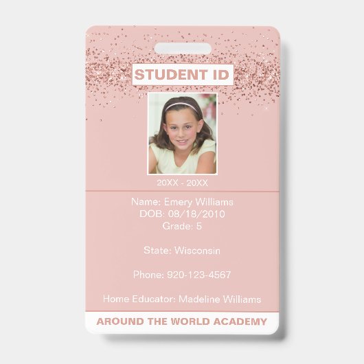 Homeschoor Student ID Rose Gold Glitzer Abzeichen Ausweis (Vorderseite)