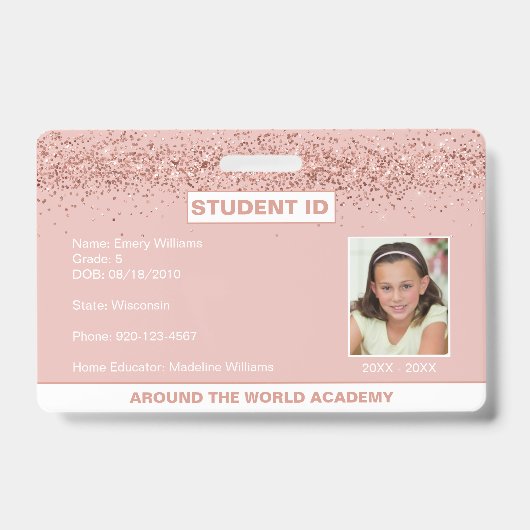 Homeschoor Student ID Rose Gold Glitzer Abzeichen Ausweis (Vorderseite)