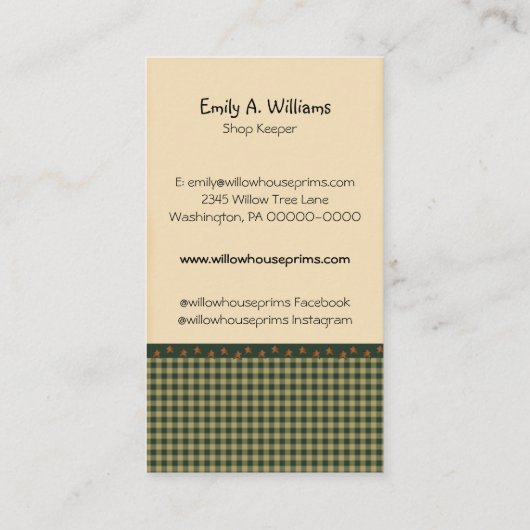 Homespun Gingham Willow Tree Primitive Country Visitenkarte (Rückseite)