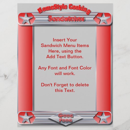 Homestyle Cooking SANDWICHES Menü Einfügen (Vorderseite)