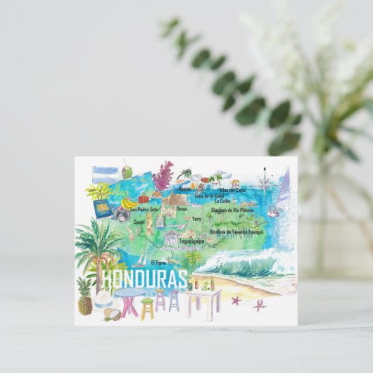 Honduras Illustrierte Reisekarte mit Straßen Postkarte (Stehend Vorderseite)