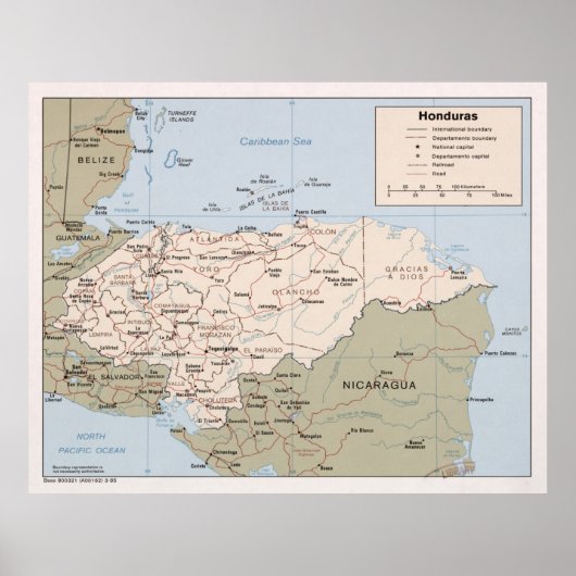 Honduras Map (1985) Lateinamerikanischer Atlas Poster (Vorne)