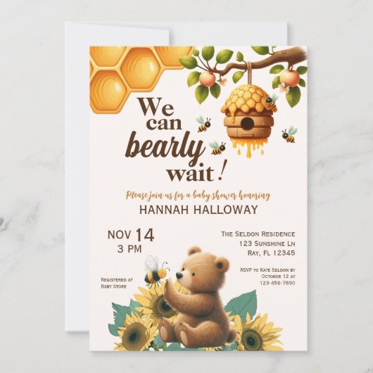 Honey Bear and Bee Bee Bee Bearly Wait Baby Dusche Einladung (Vorderseite)