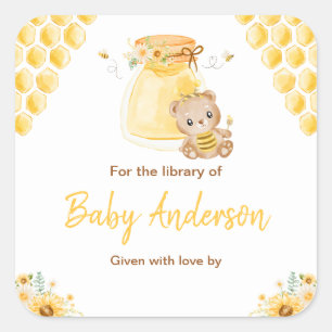 Honey Bear Baby Shower Exlibris Quadratischer Aufkleber