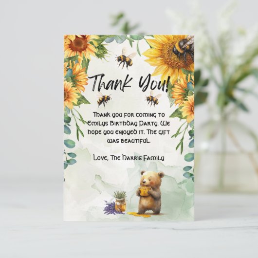 Honey Bear Birthday Party Danke Cards (Stehend Vorderseite)