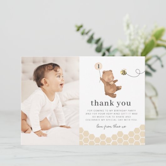 Honey Bear First Bee Day Foto Danke Karte (Stehend Vorderseite)