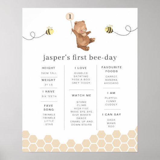 Honey Bear First Bee Day Milestone Poster (Vorne)