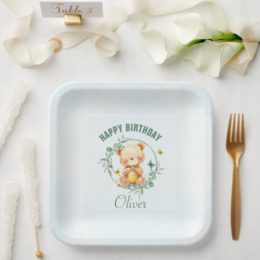 Honey Bear Niedlich Greenery Boy Happy Birthday Pappteller (Hochzeit)