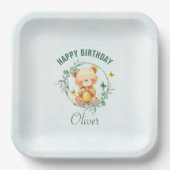 Honey Bear Niedlich Greenery Boy Happy Birthday Pappteller (Vorderseite)
