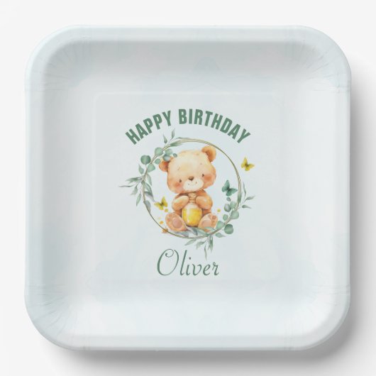Honey Bear Niedlich Greenery Boy Happy Birthday Pappteller (Vorderseite)