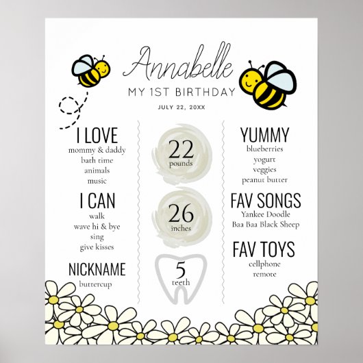 Honey Bee1st Birthday Milestone White Poster (Vorne)