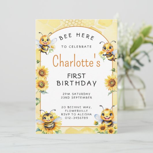 Honey Bee 1. Geburtstag Einladung (Stehend Vorderseite)