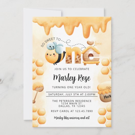 Honey Bee 1. Geburtstag Party Einladung (Vorderseite)